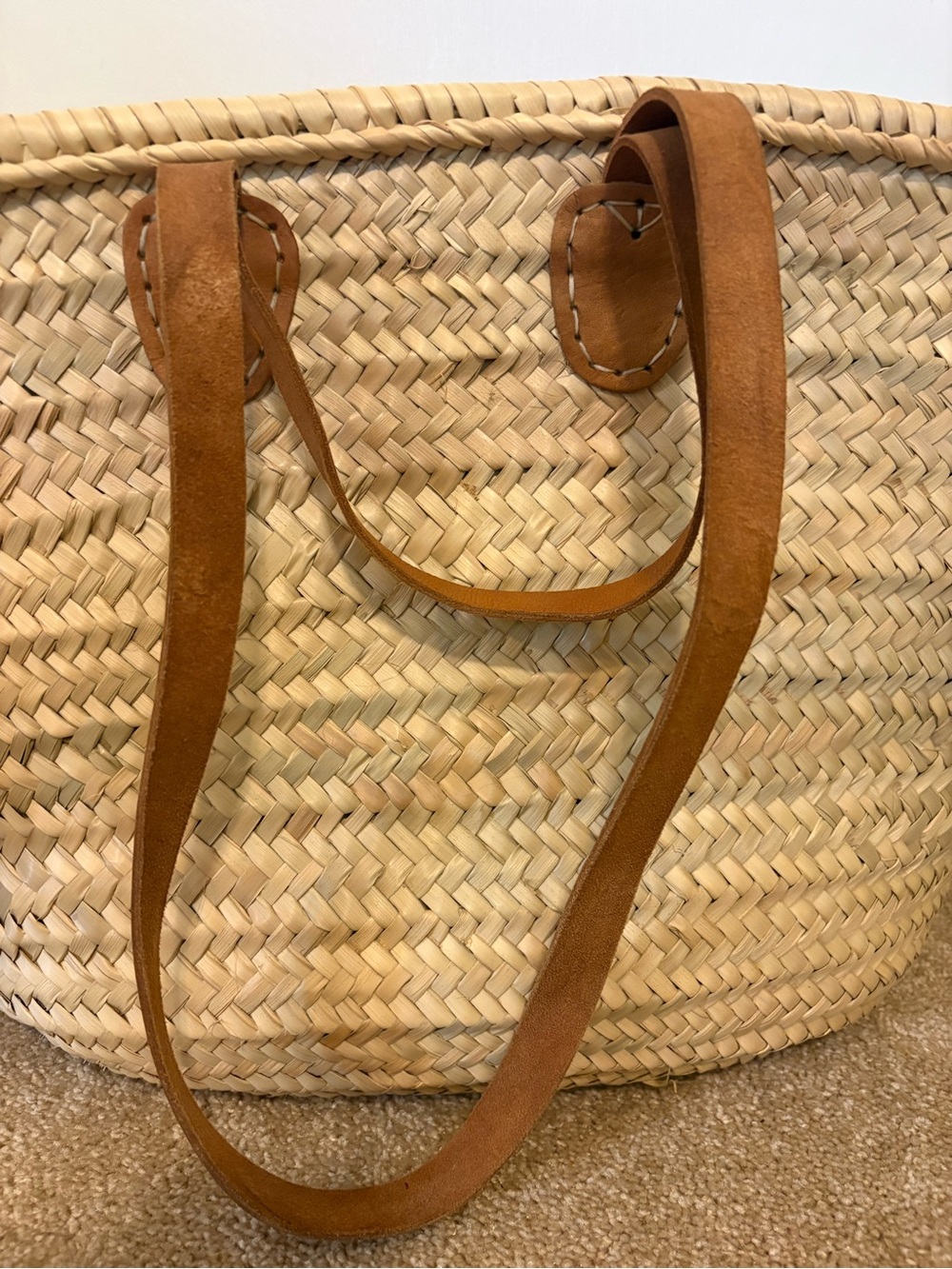 Woven Straw Tote Bag with Brown Leather Handles - Picture 2 of 4